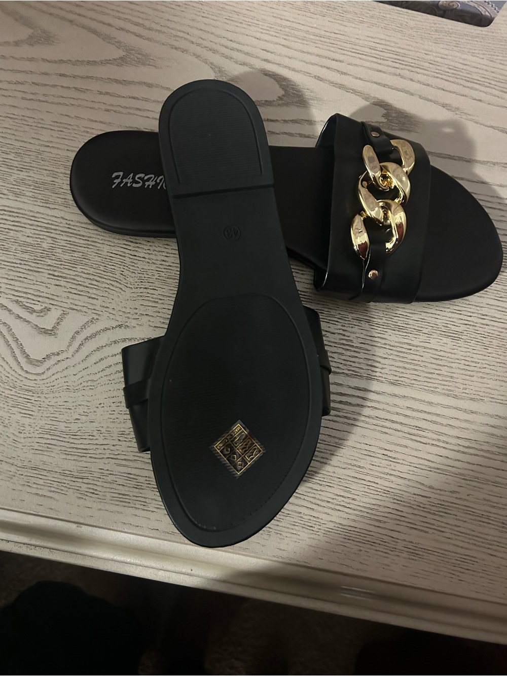 Black Slide Sandals with Gold Chain Detail